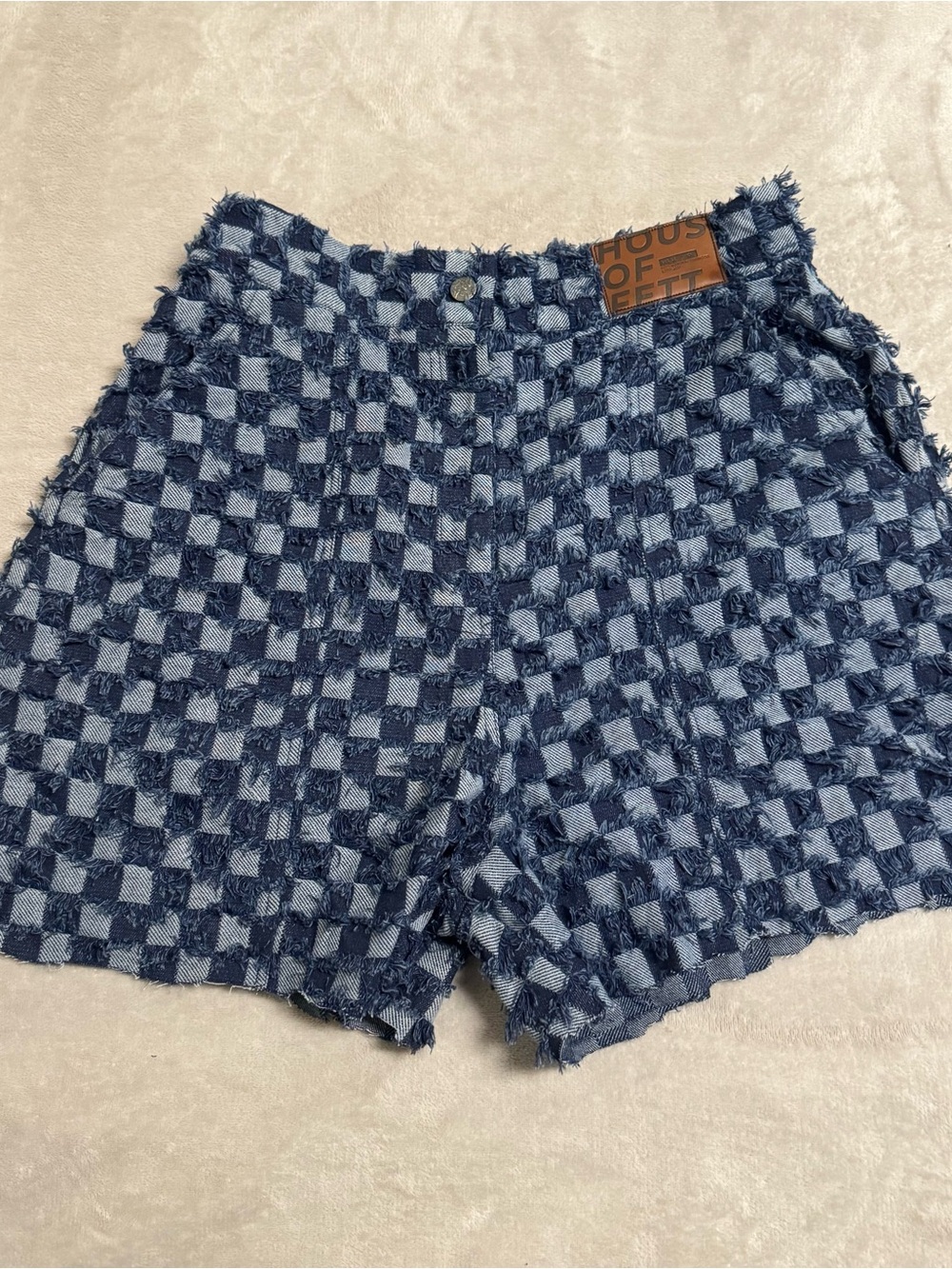 Checkerboard Denim Shorts in Navy/Light Blue